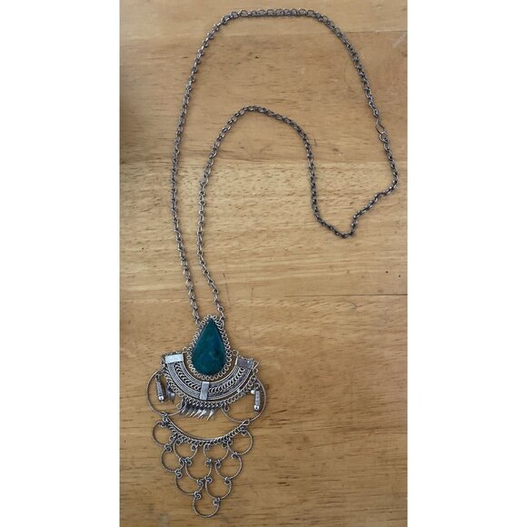 Vtg Handmade Chrysocolla Dangling Pendant Necklace BOHO Peruvian Folk Art Silver - Picture 2 of 7